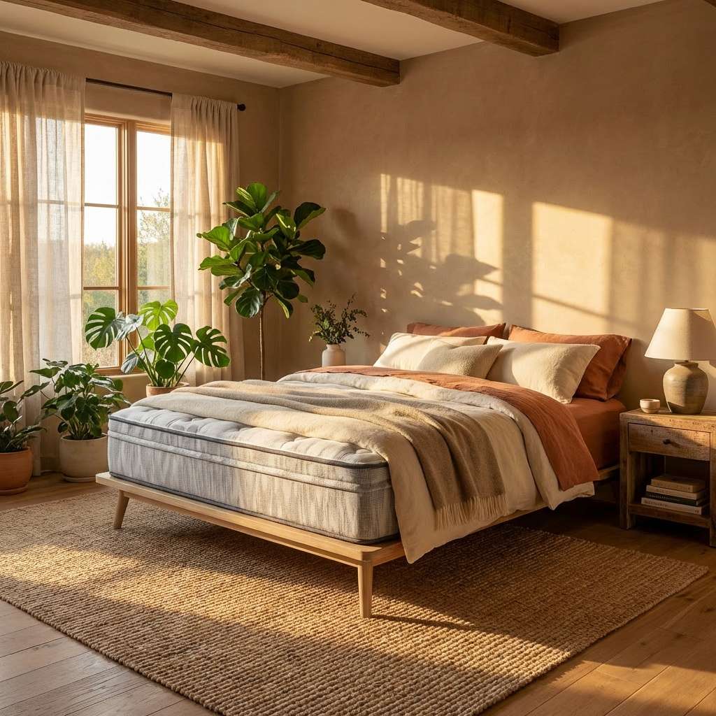 The Natura Twilight mattress made up with bedding in a bedroom setting - Mattress Miracle