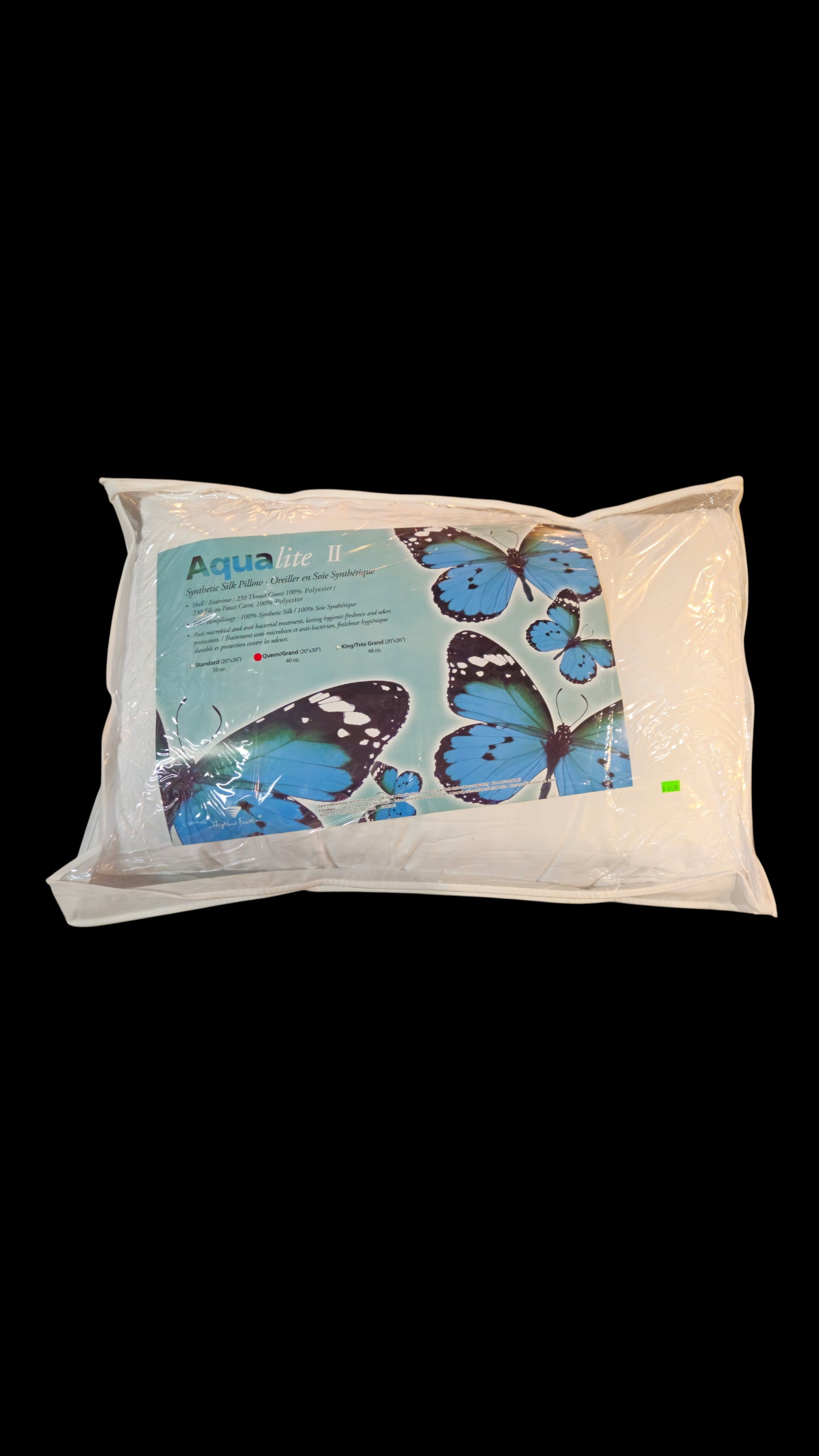 Aqualite II Synthetic Silk Queen Pillow with butterfly design packaging