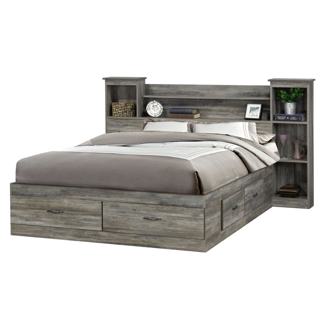 Banff bookcase headboard styled in a made-up bed, showing shelf depth and the grey plank finish - Mattress Miracle Brantford