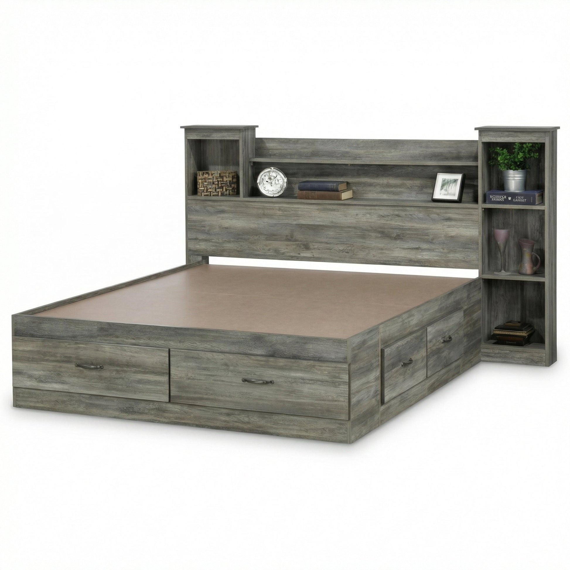 Banff bookcase headboard with open shelving and side tower, shown with the matching Banff storage bed frame - Mattress Miracle Brantford