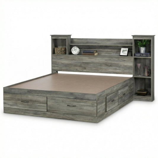 Banff bookcase headboard with open shelving and side tower, shown with the matching Banff storage bed frame - Mattress Miracle Brantford