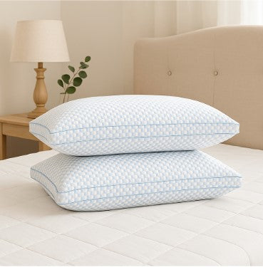 Gusseted Cooling Pillows Stacked on Bed