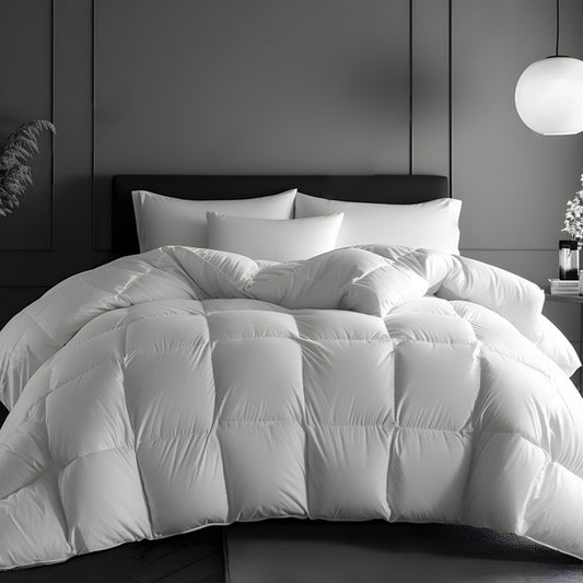 Grenoble 800 loft white duck down duvet on bed - Mattress Miracle Brantford