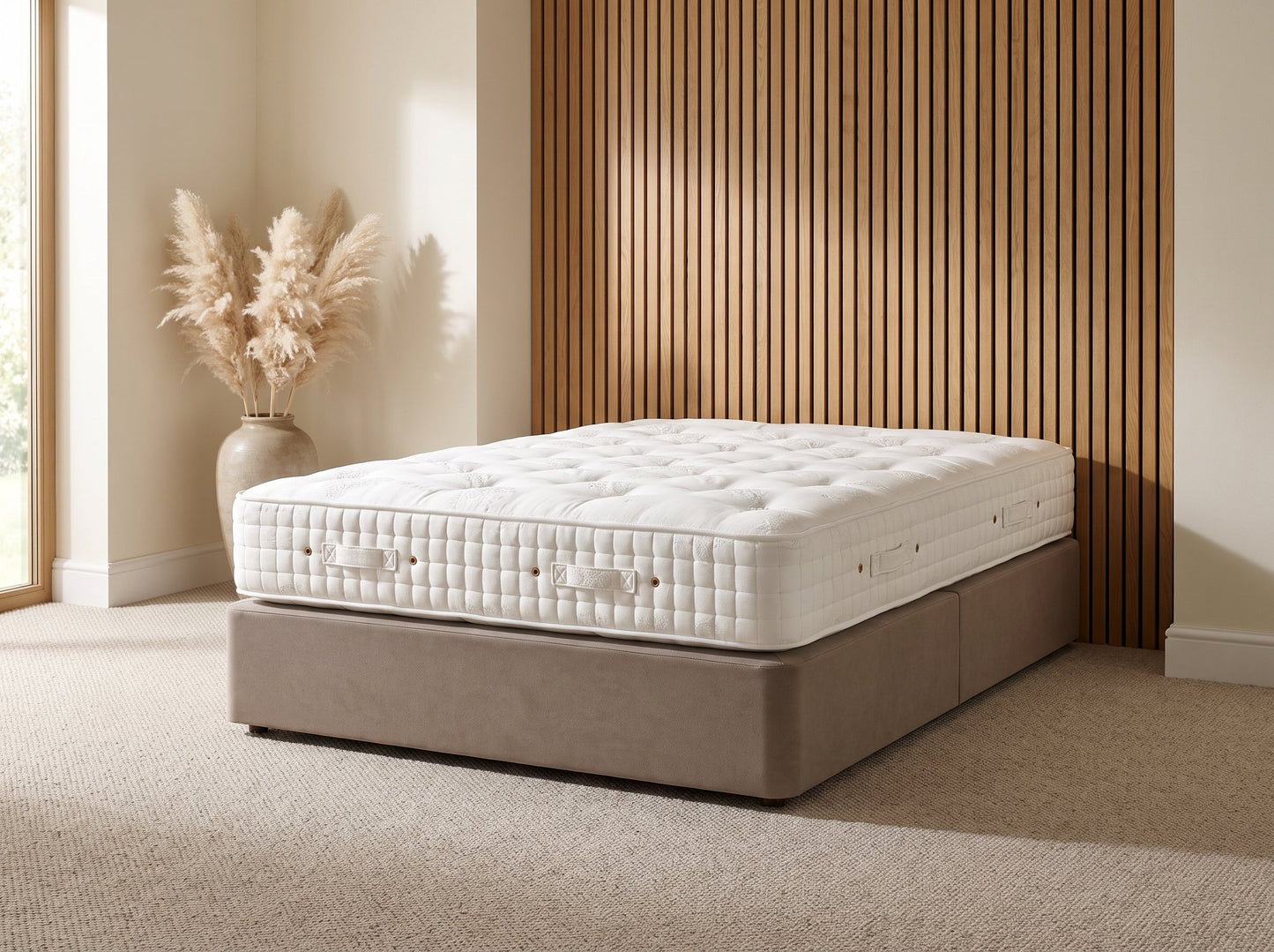 Hypnos Carlisle mattress styled on a taupe platform base against a wood-slat wall - Mattress Miracle Brantford