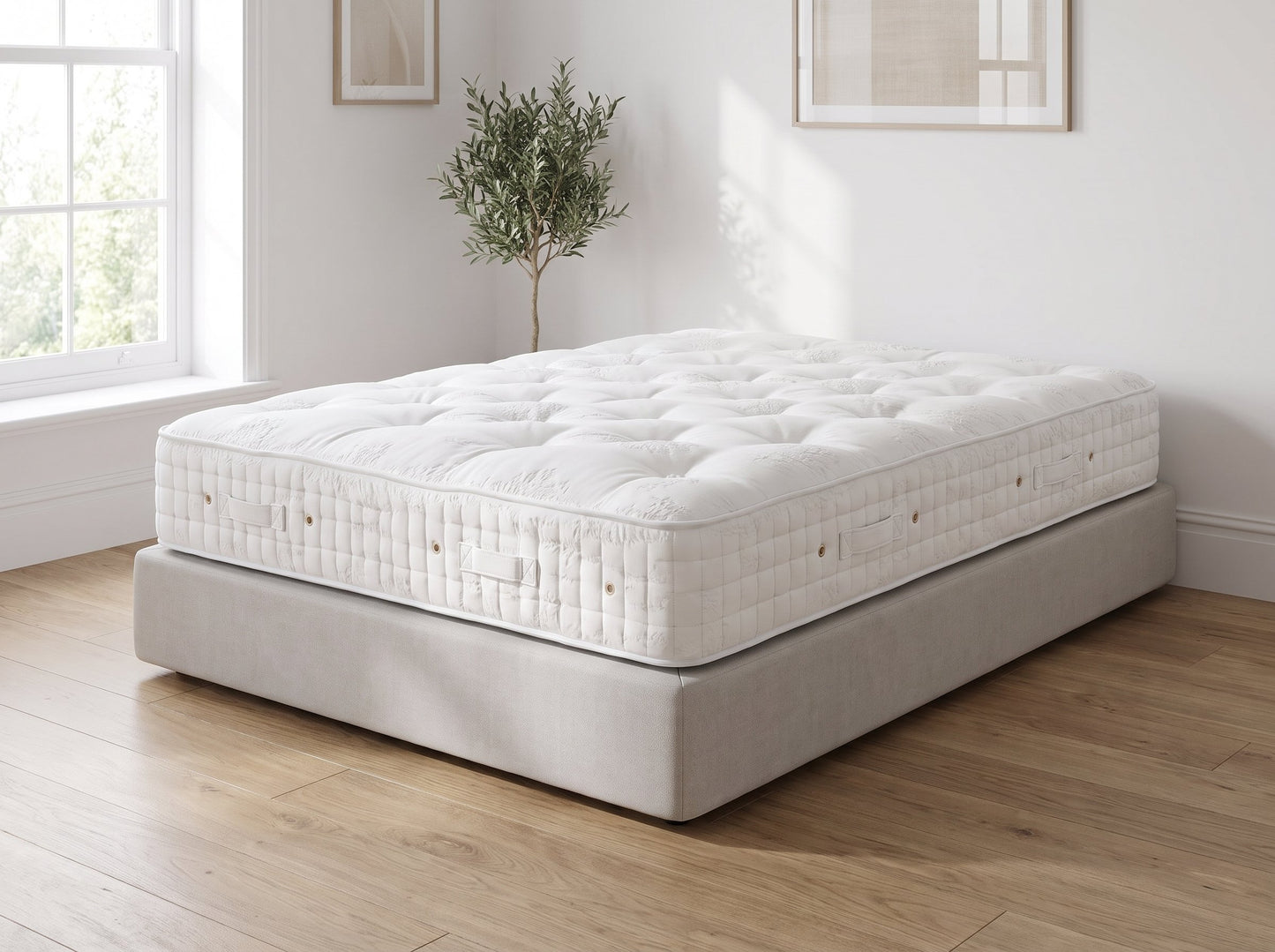 Hypnos Castle Series mattress styled on a platform base in a bright bedroom