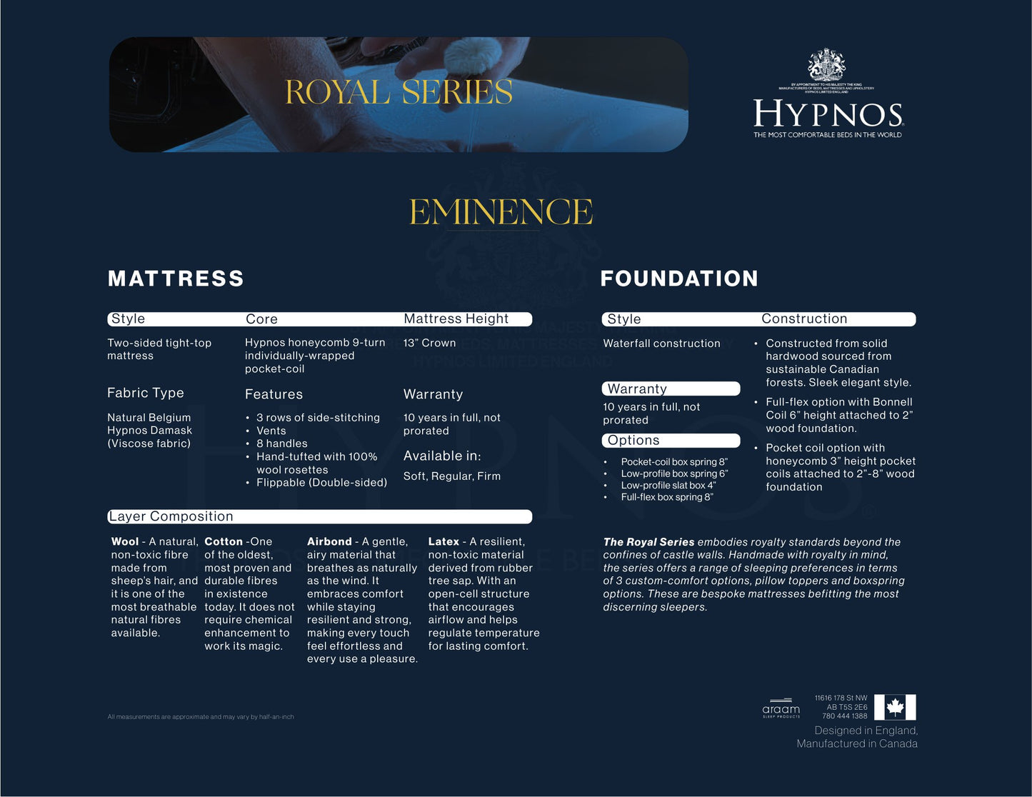 Hypnos Eminence spec sheet covering layer composition, mattress height and foundations