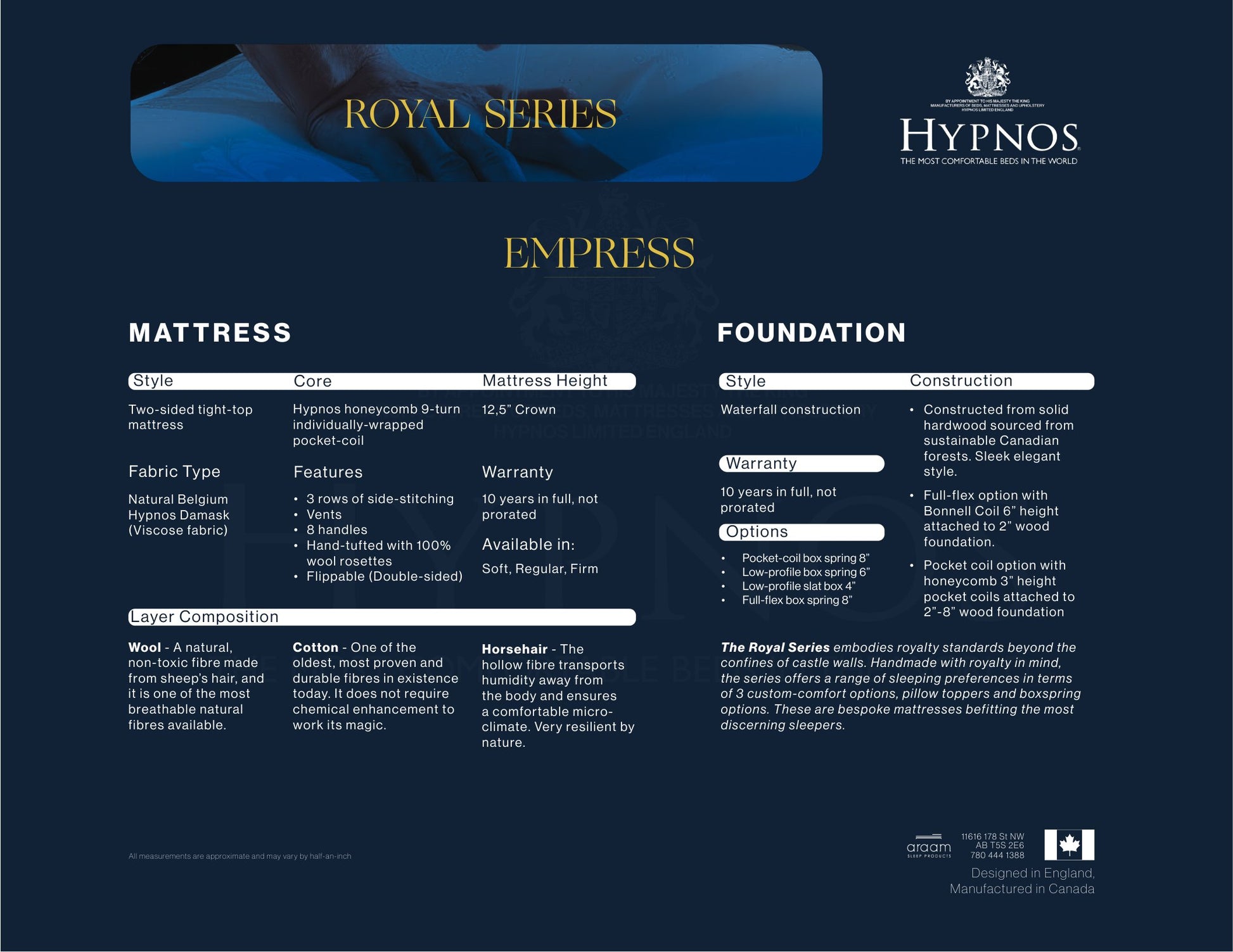 Empress specification sheet: horsehair and wool fills, coil count and warranty details