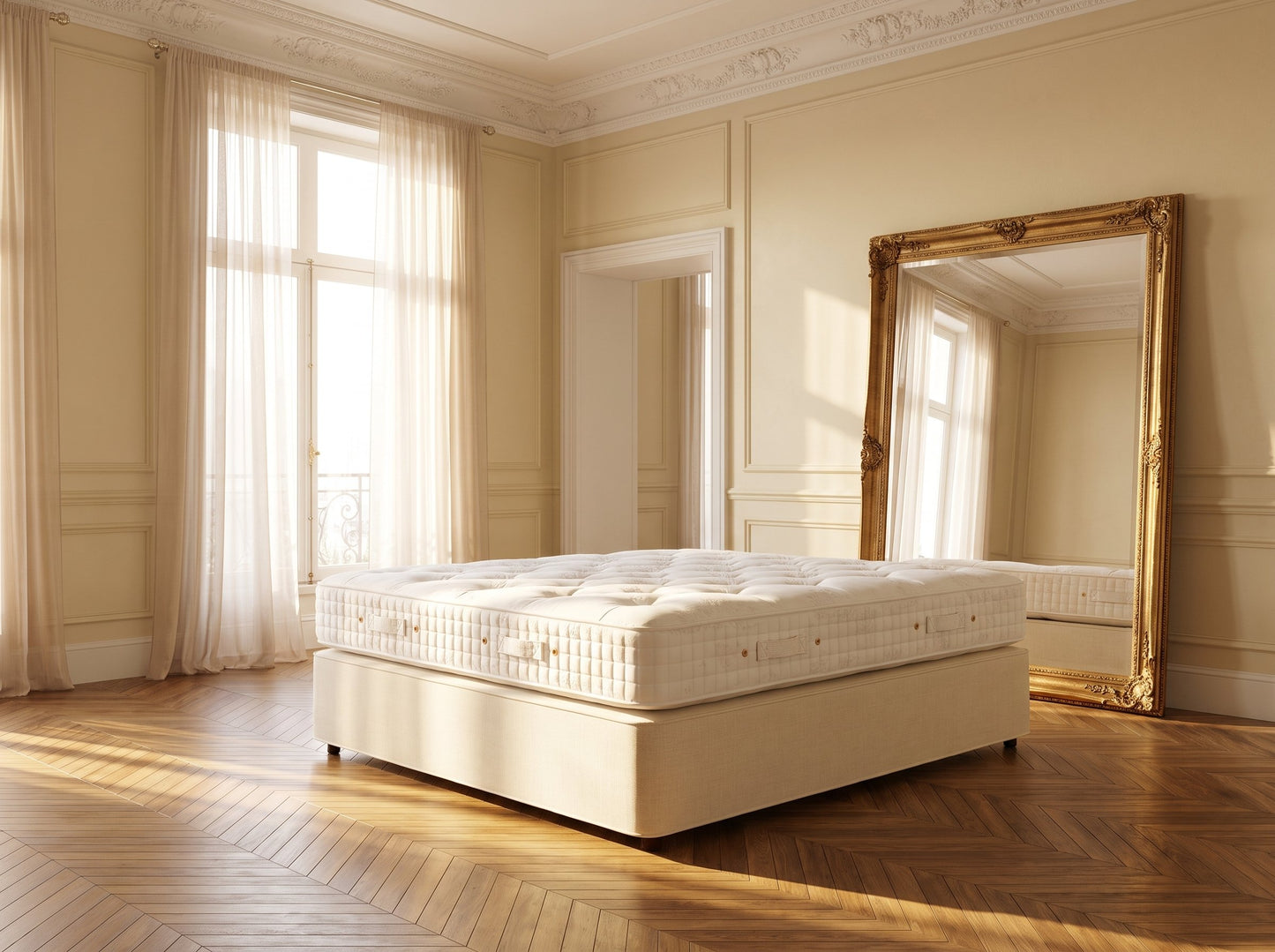 Hypnos Hampton mattress styled on a cream divan in a grand hotel-suite bedroom - Mattress Miracle Brantford