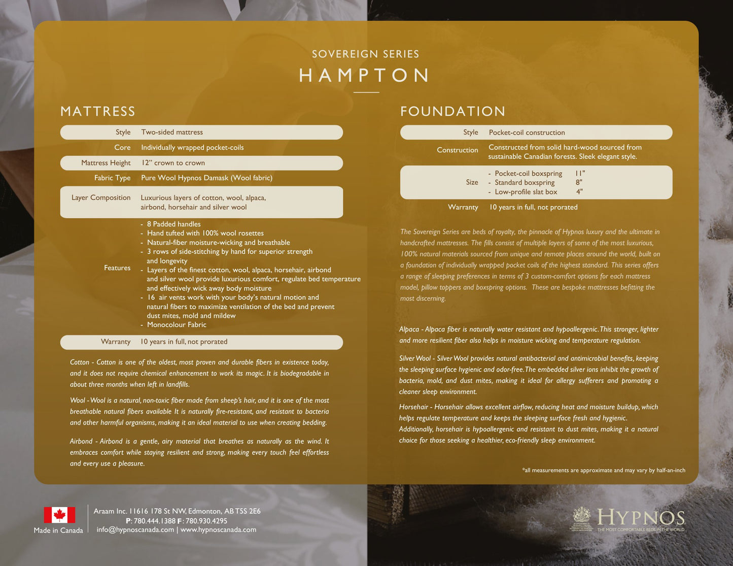 Hampton specification sheet: Sovereign Series fills, construction and available sizes