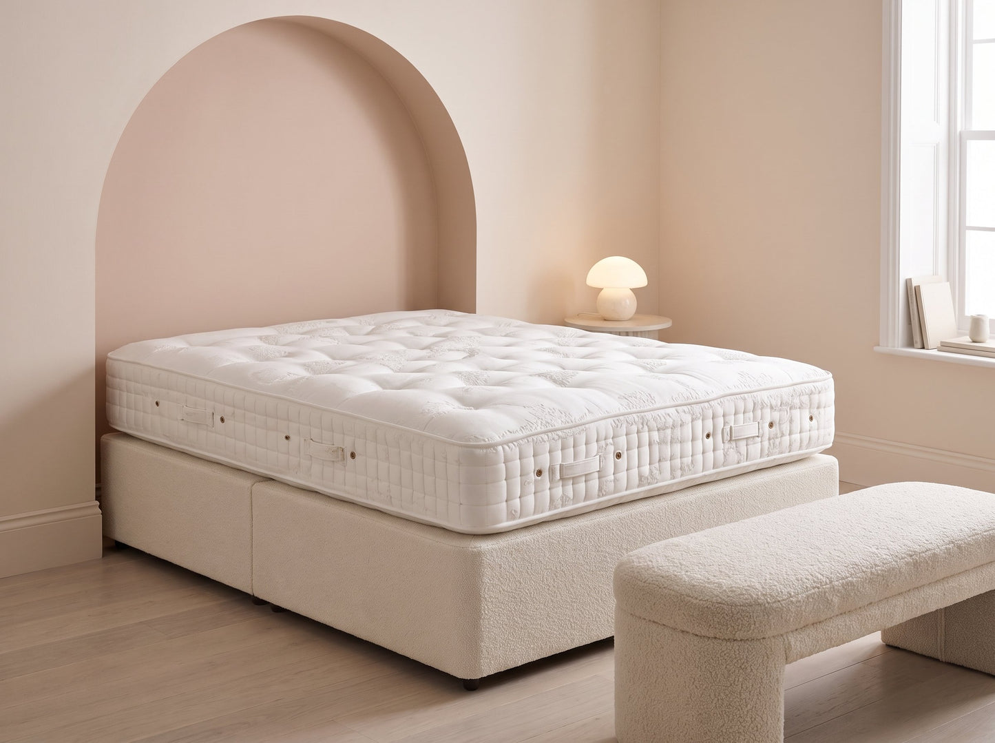 Hypnos Helmsley mattress styled on an ivory boucle base in a soft contemporary bedroom