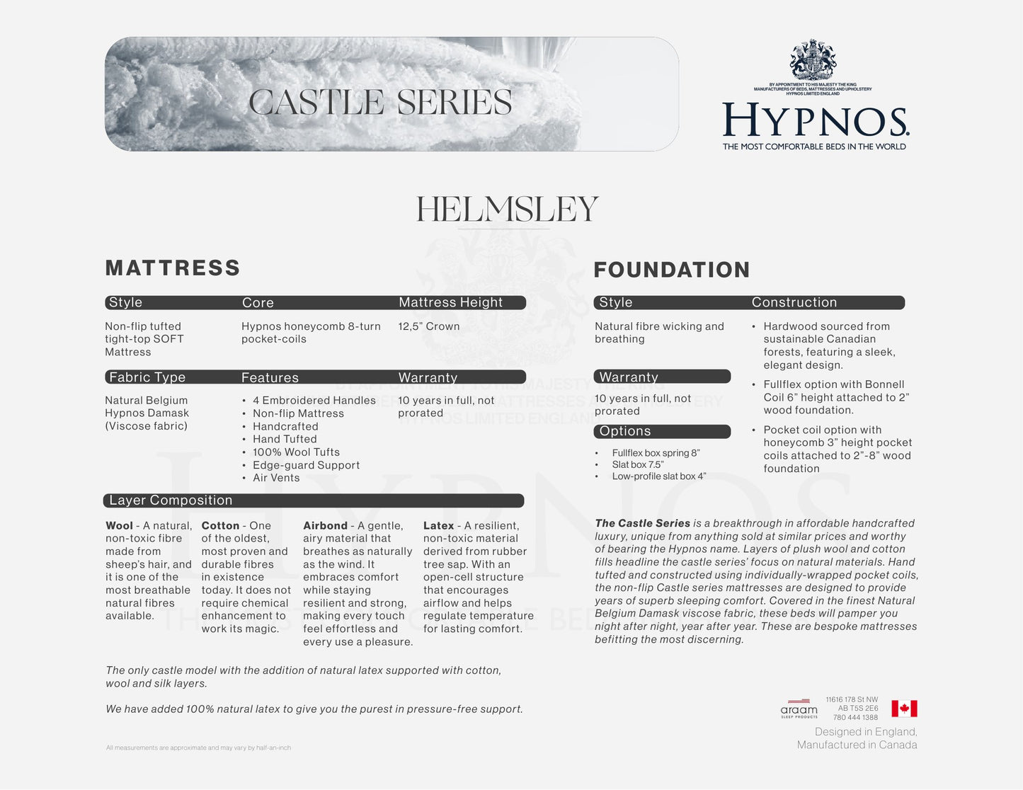 Helmsley specification sheet: latex comfort layers, coil core and foundation options