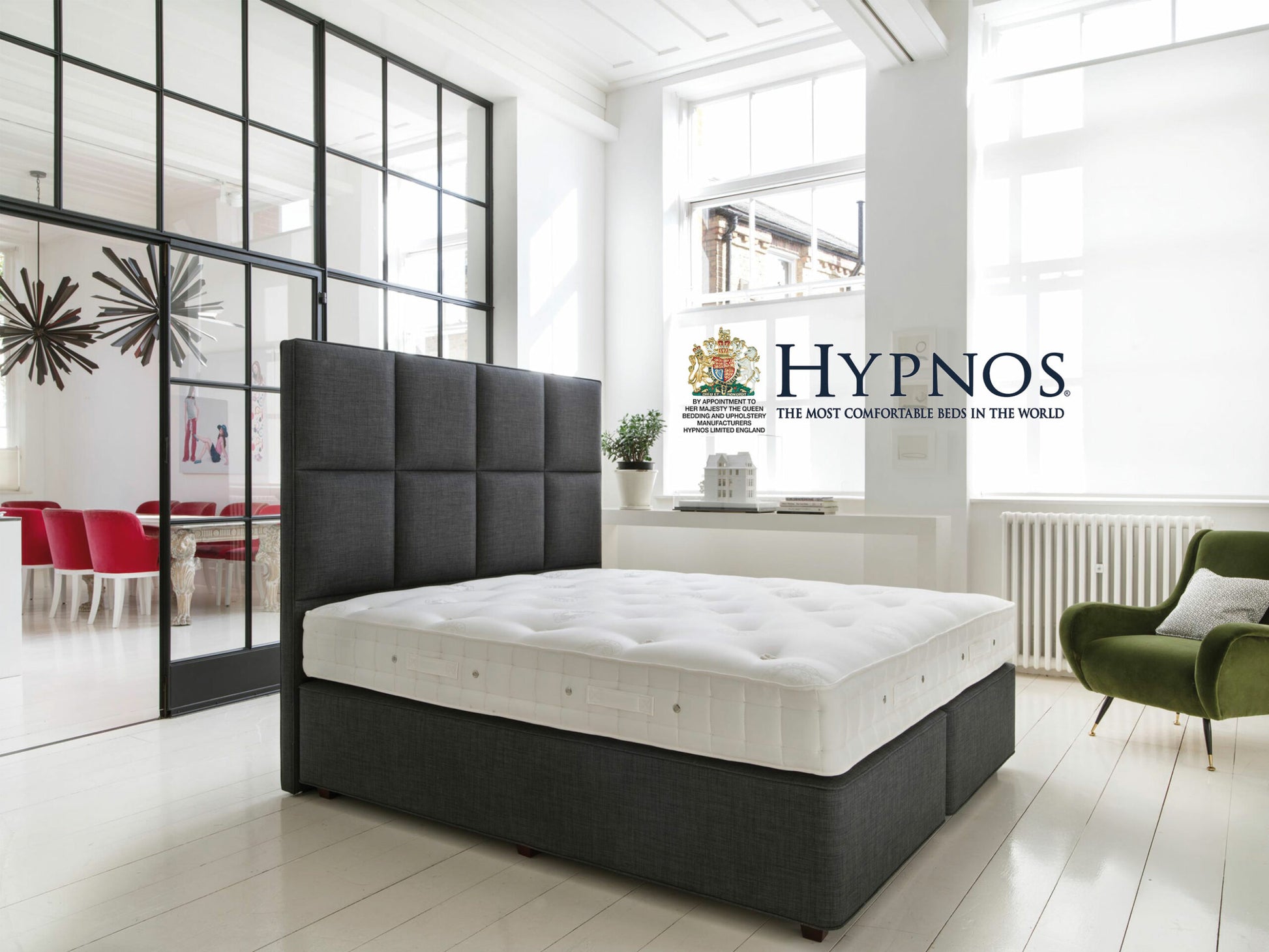 Hypnos pocket coil mattress on an upholstered divan base in a bright bedroom