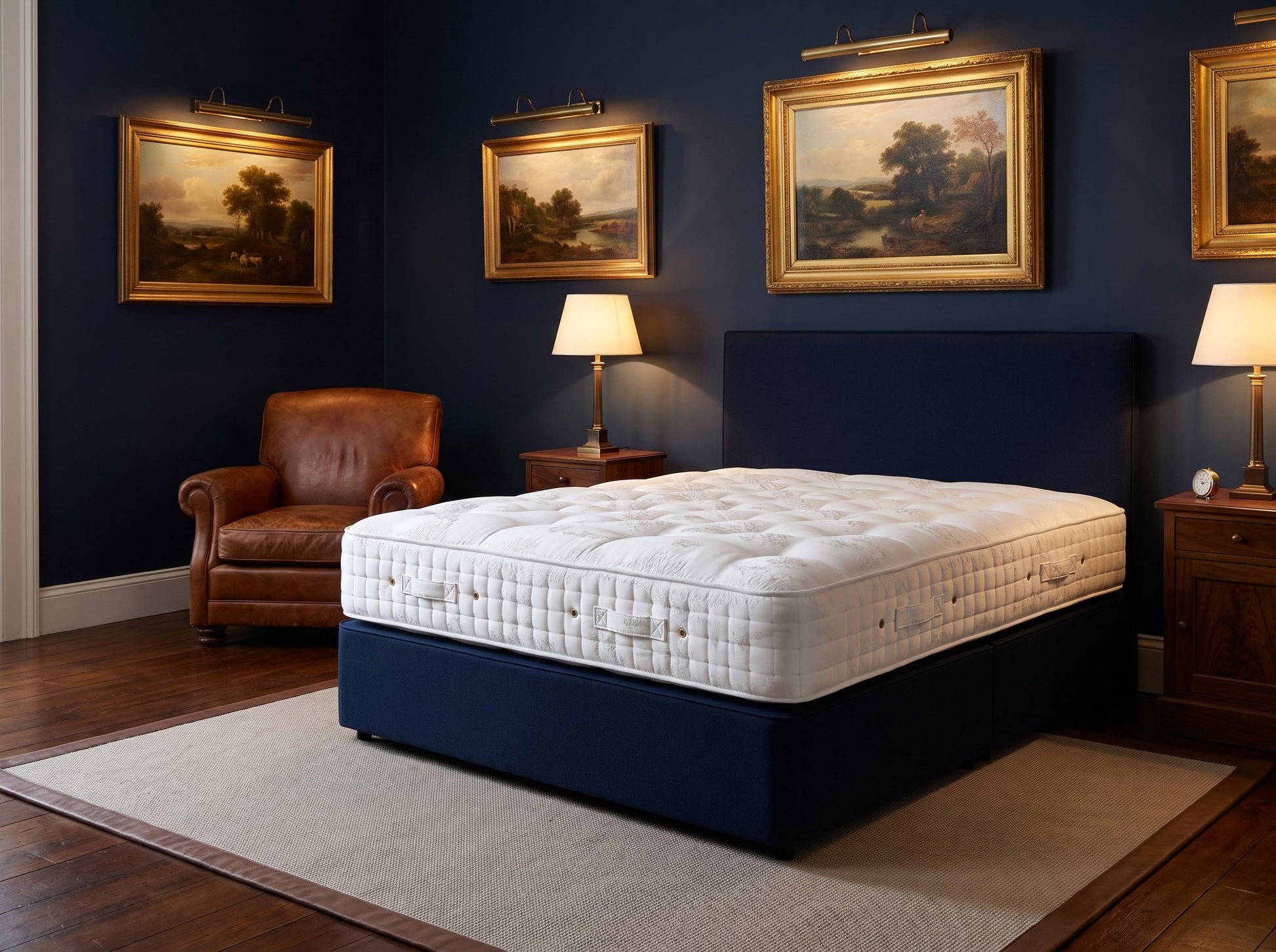 Hypnos Sandringham mattress styled on a navy divan in a stately traditional bedroom - Mattress Miracle Brantford
