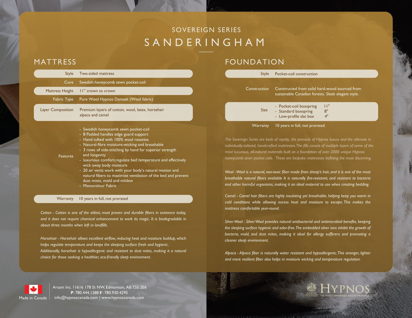 Sandringham specification sheet with layer composition, coil specs and warranty terms