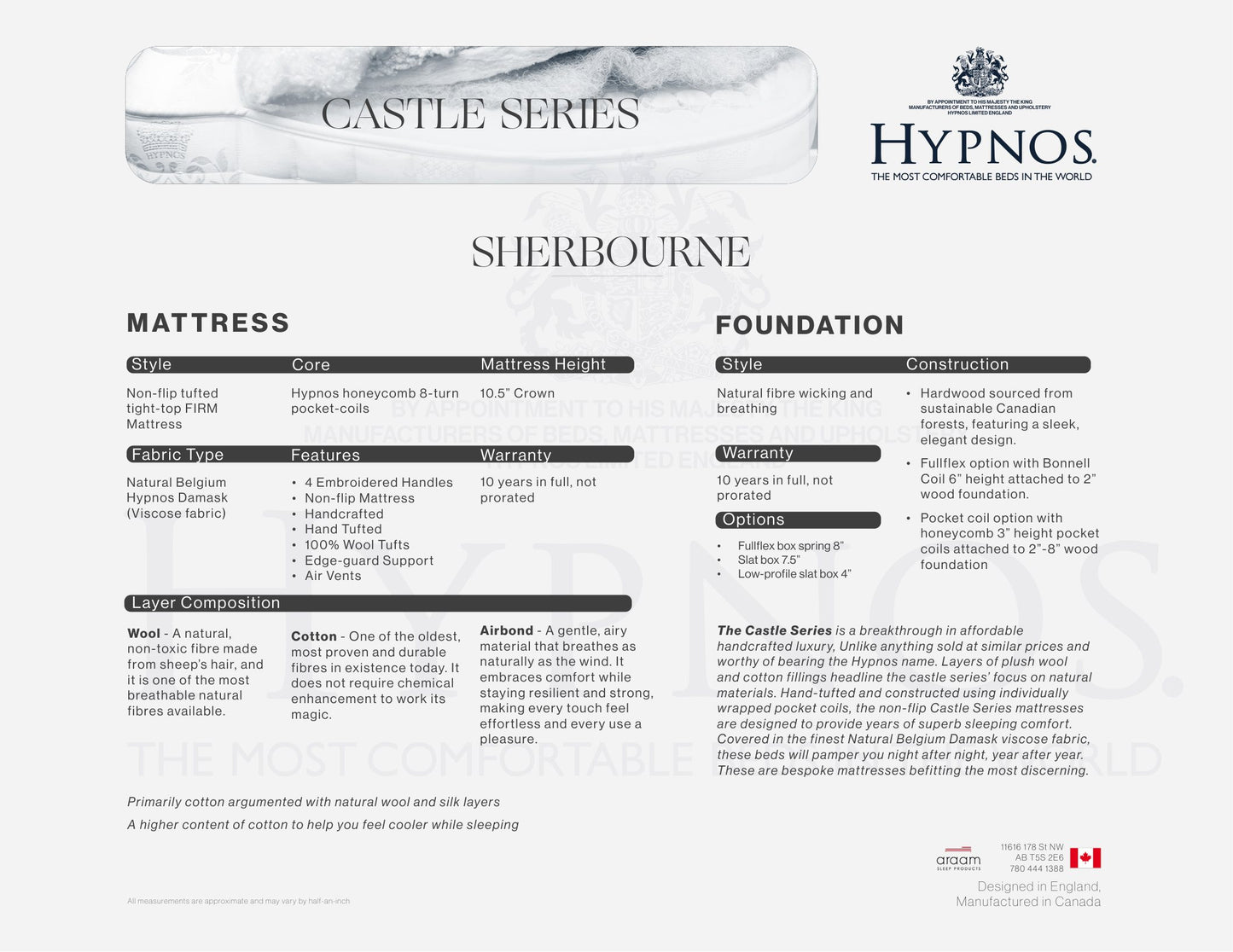 Hypnos Sherbourne specification sheet: layer composition, mattress height, sizes and foundation options
