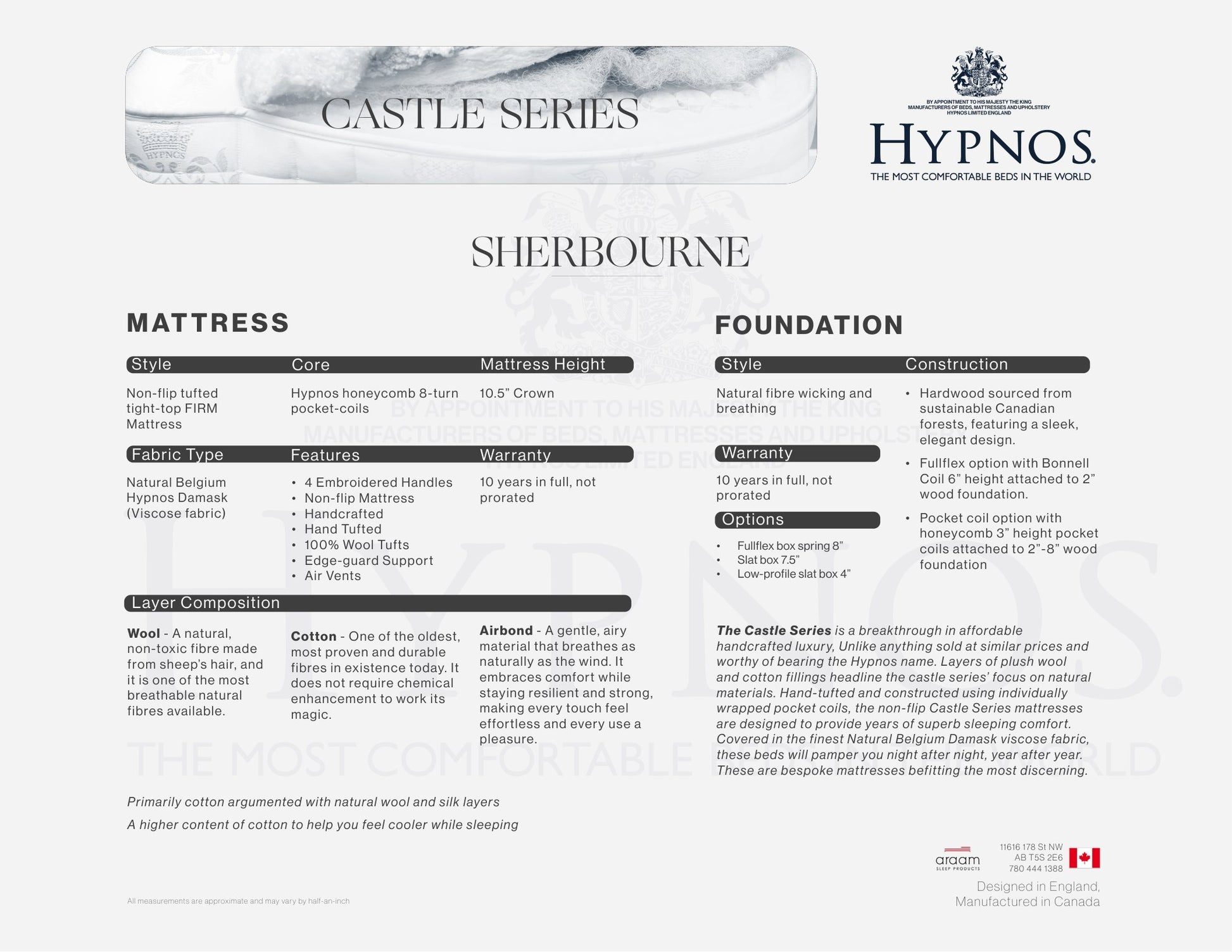Hypnos Sherbourne specification sheet: layer composition, mattress height, sizes and foundation options