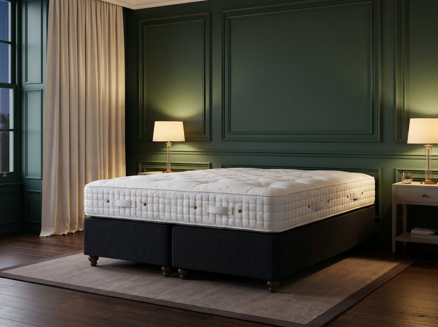 Hypnos Sovereign Series mattress styled on a two-piece divan base, evening bedroom setting