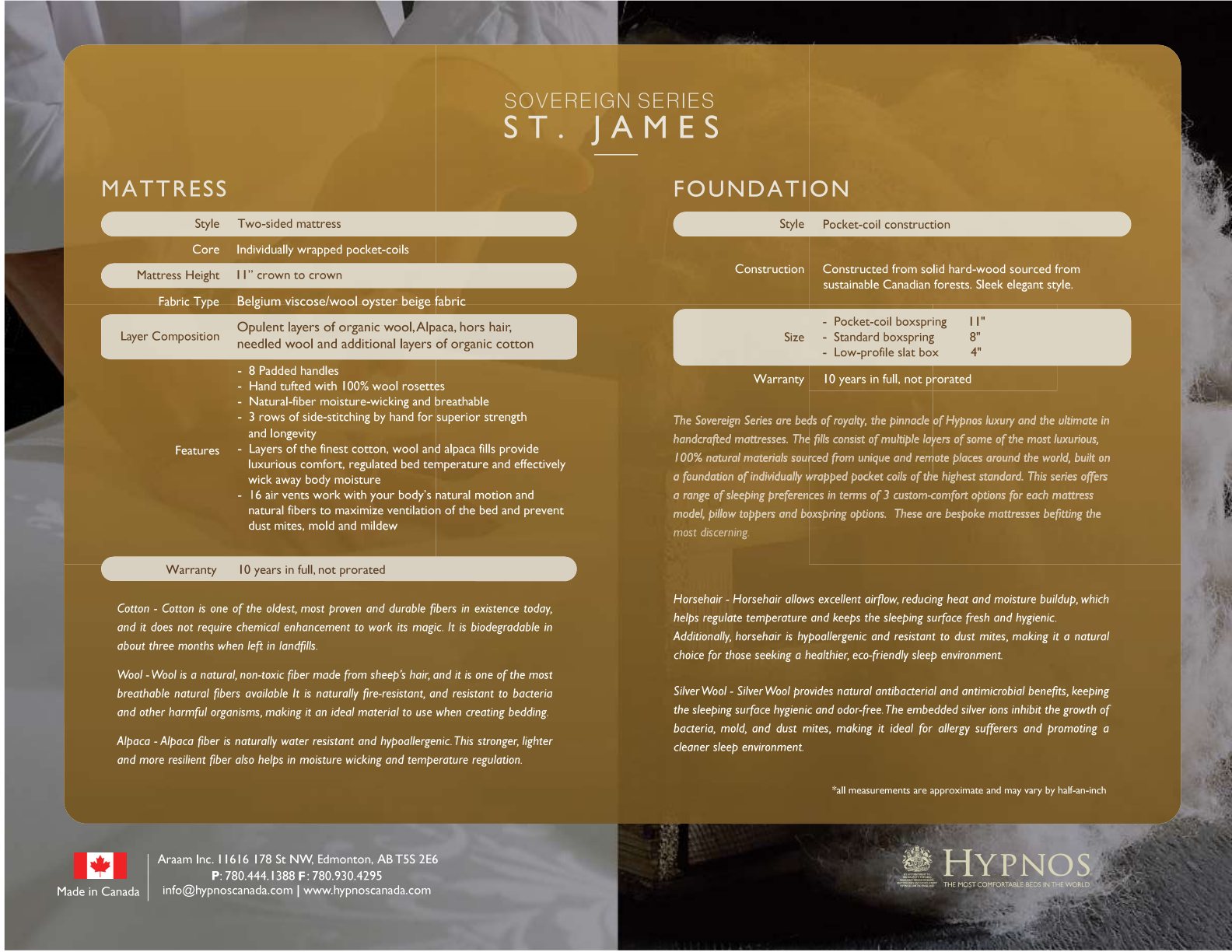 Hypnos St. James spec sheet: organic fibre layers, two-sided build and foundation options