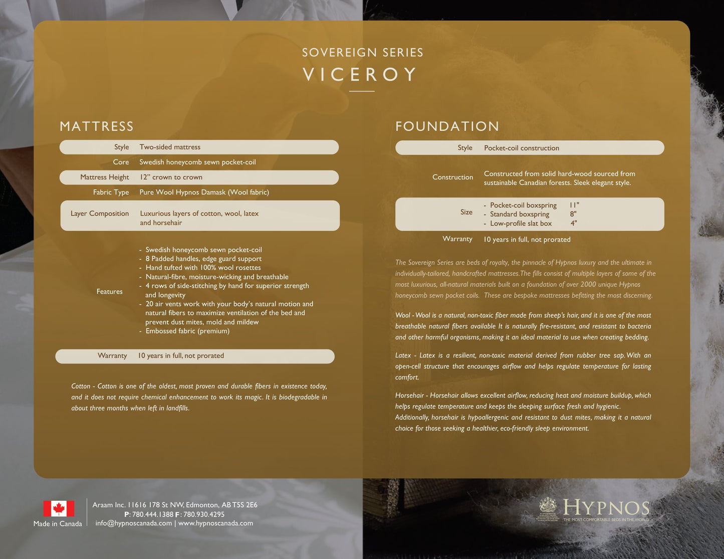 Hypnos Viceroy spec sheet: Sovereign Series construction, fills and size options