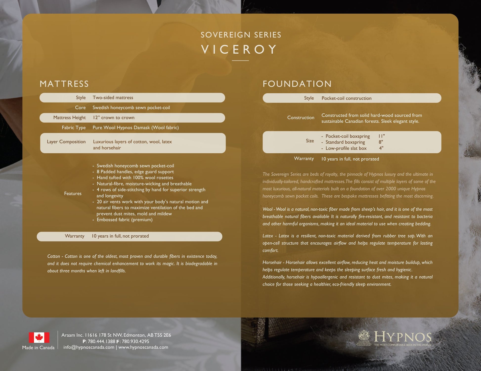 Hypnos Viceroy spec sheet: Sovereign Series construction, fills and size options
