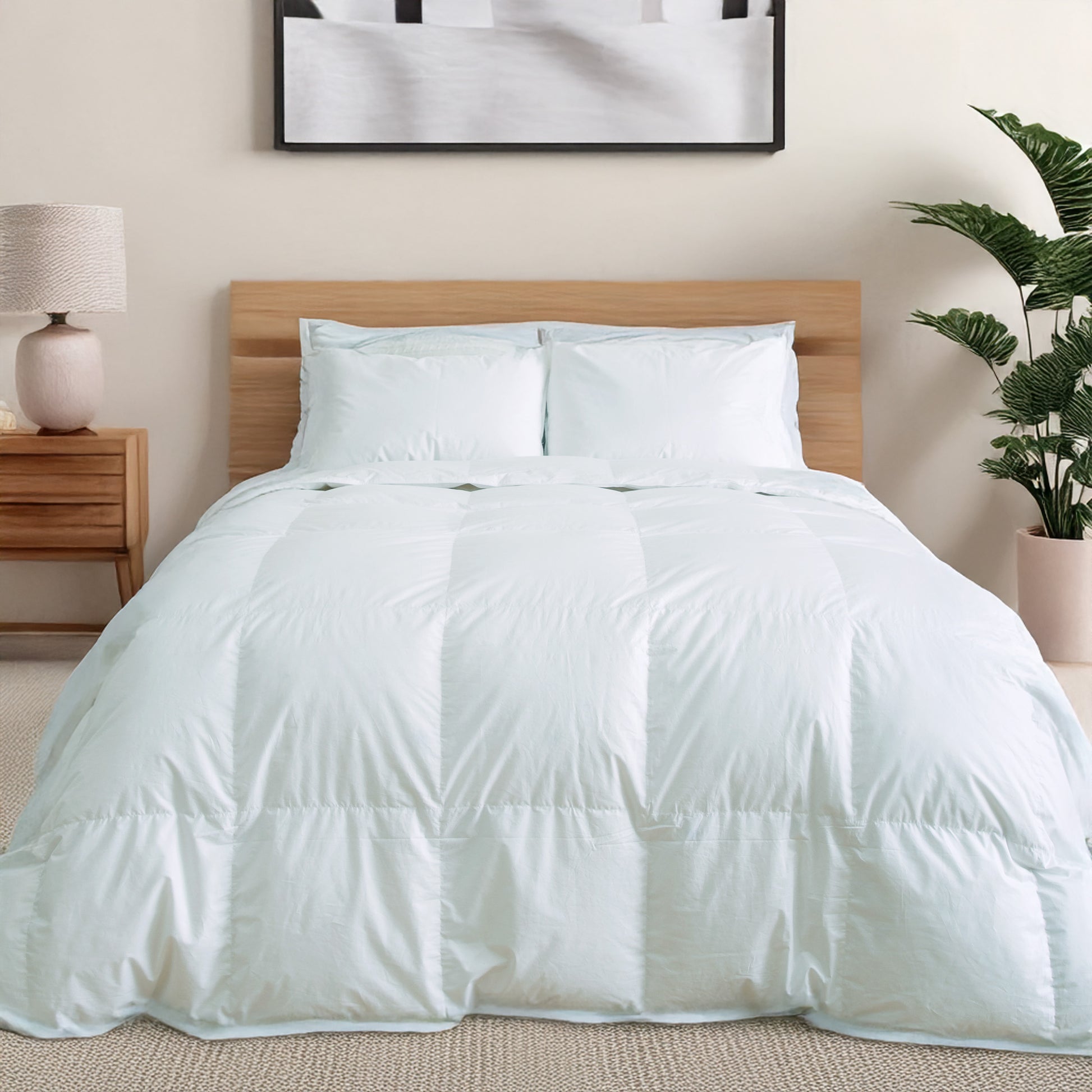 Limoges 600 loft duck down duvet on bed white - Mattress Miracle Brantford