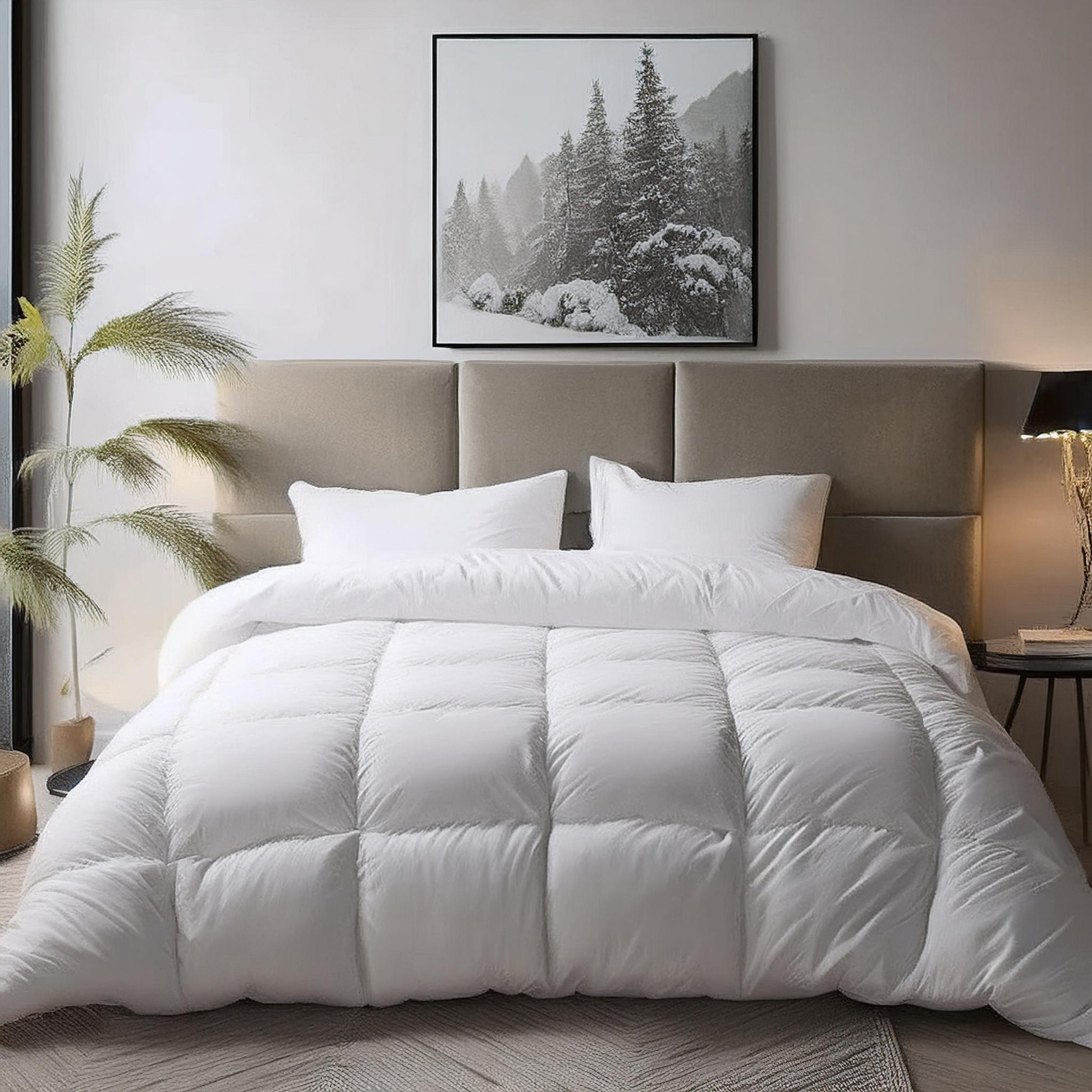 Mostar 750 loft Hungarian goose down duvet on bed - Mattress Miracle Brantford