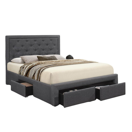 Saunder Dark Grey Fabric Platform Bed | Side Drawers - Mattress Miracle