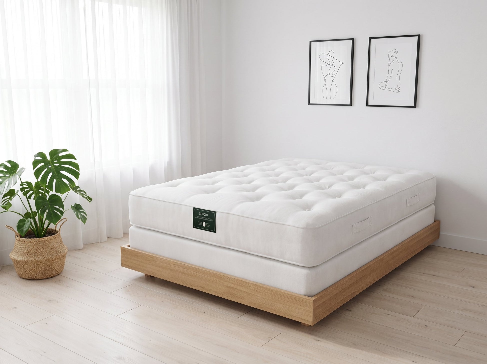 Sprout Firmus single-sided firm mattress styled on an oak frame in a bright bedroom