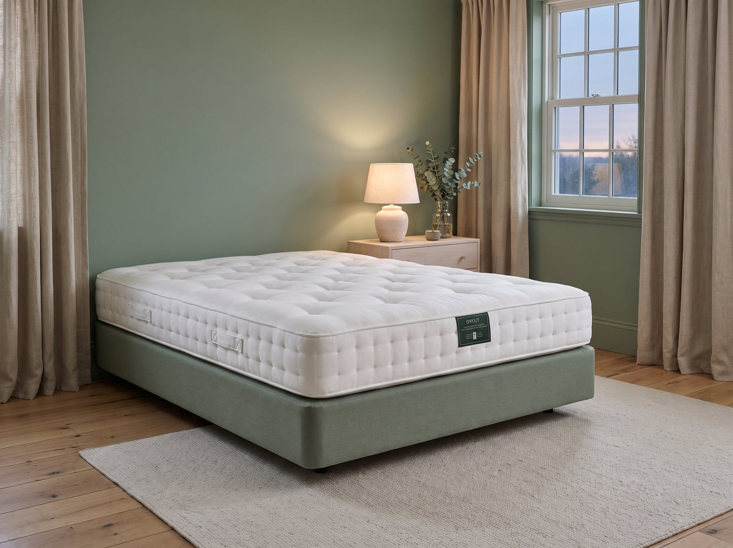 Sprout Somnus single-sided soft mattress on a sage upholstered base at dusk