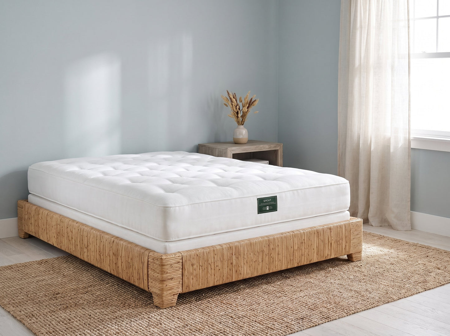 Sprout Somnus two-sided soft mattress on a rattan base in a coastal bedroom - Mattress Miracle Brantford