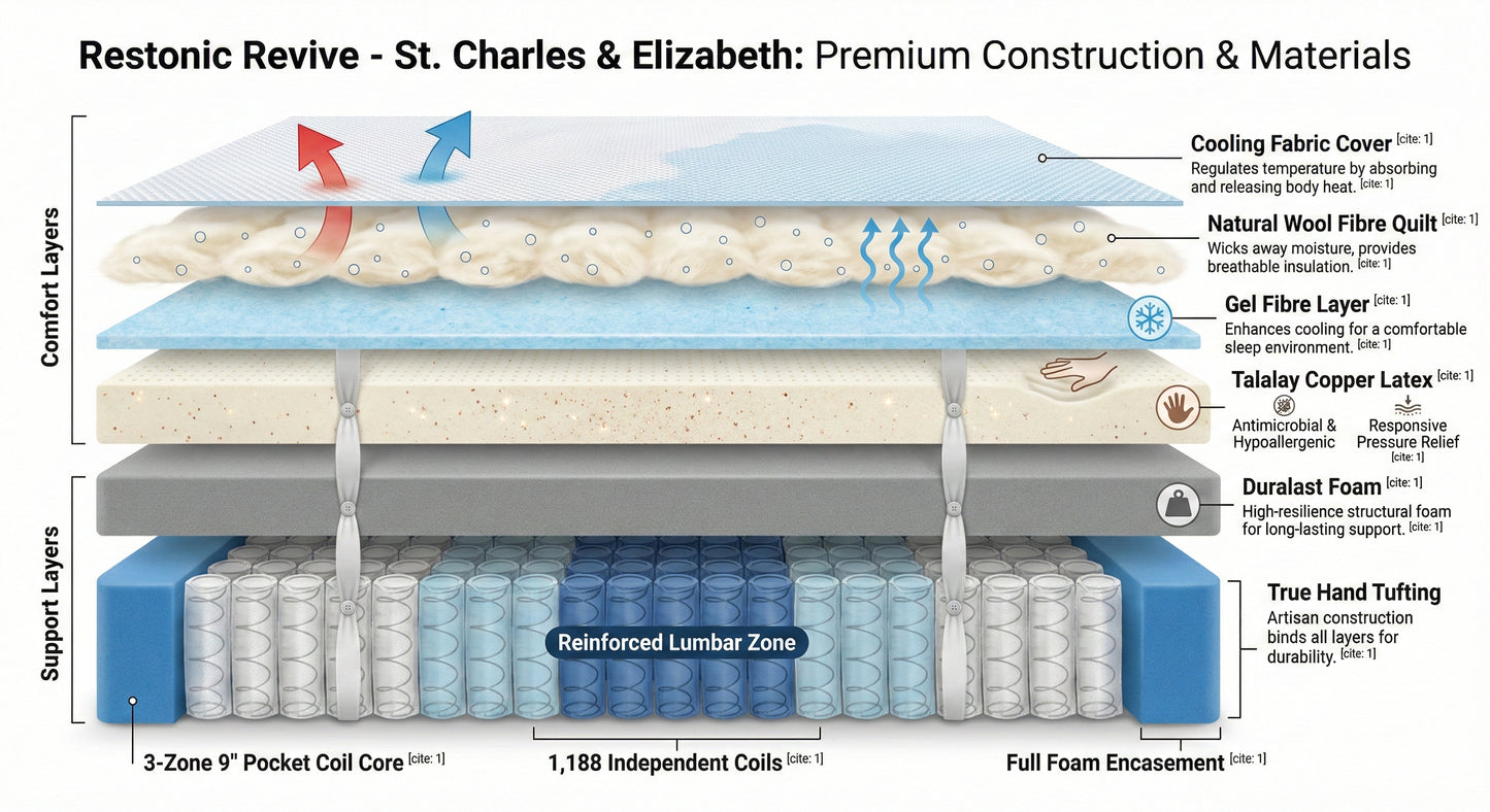Restonic Revive St. Charles and Elizabeth construction infographic showing all layers - Mattress Miracle Brantford