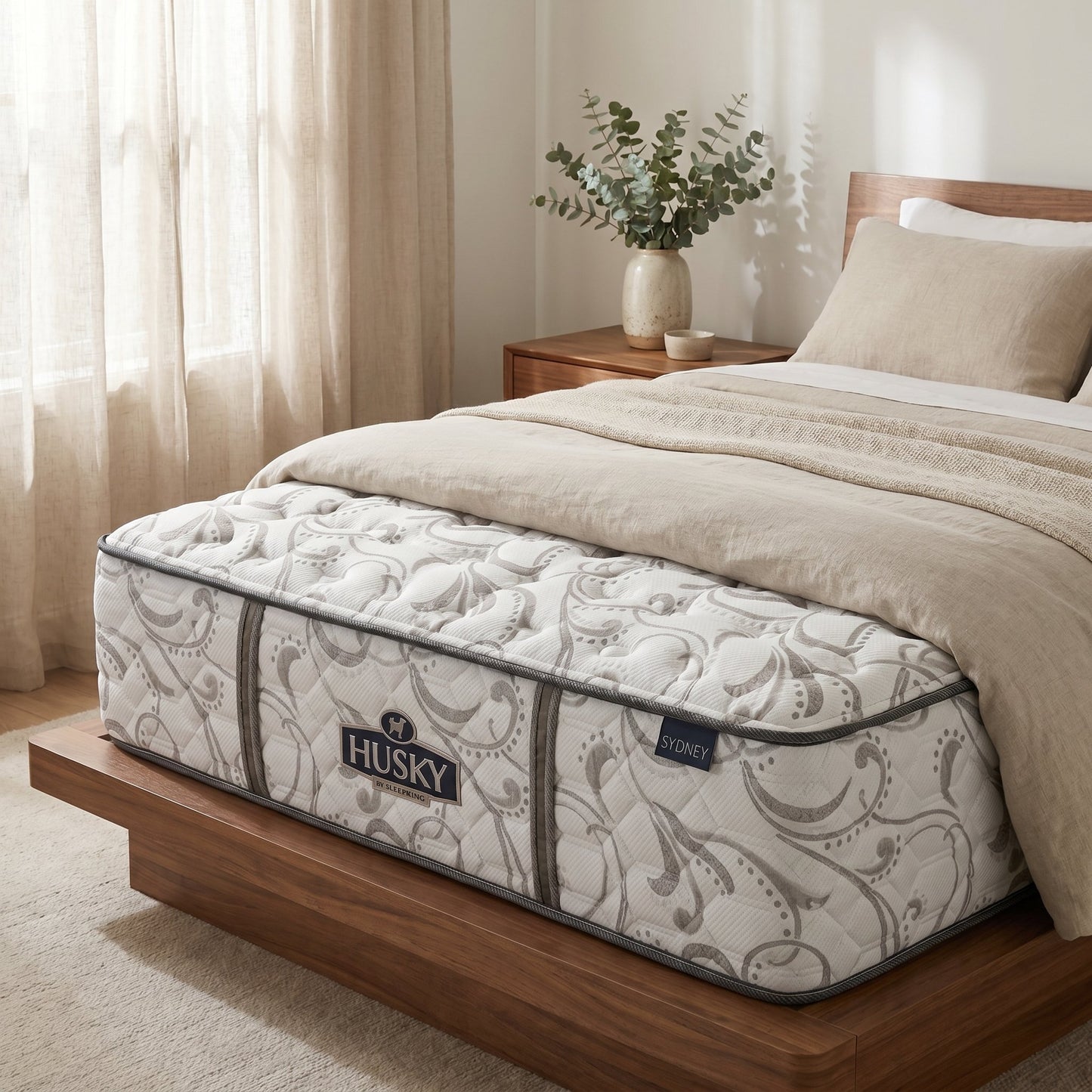 Sydney TT Firm Mattress | Premium Euro Top Firm Support styled in a Canadian master bedroom